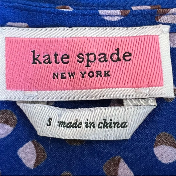 KATE SPADE Geo Dot Satin Blouse Blue Ruffle Puff Sleeve Top Size Small - Picture 10 of 13
